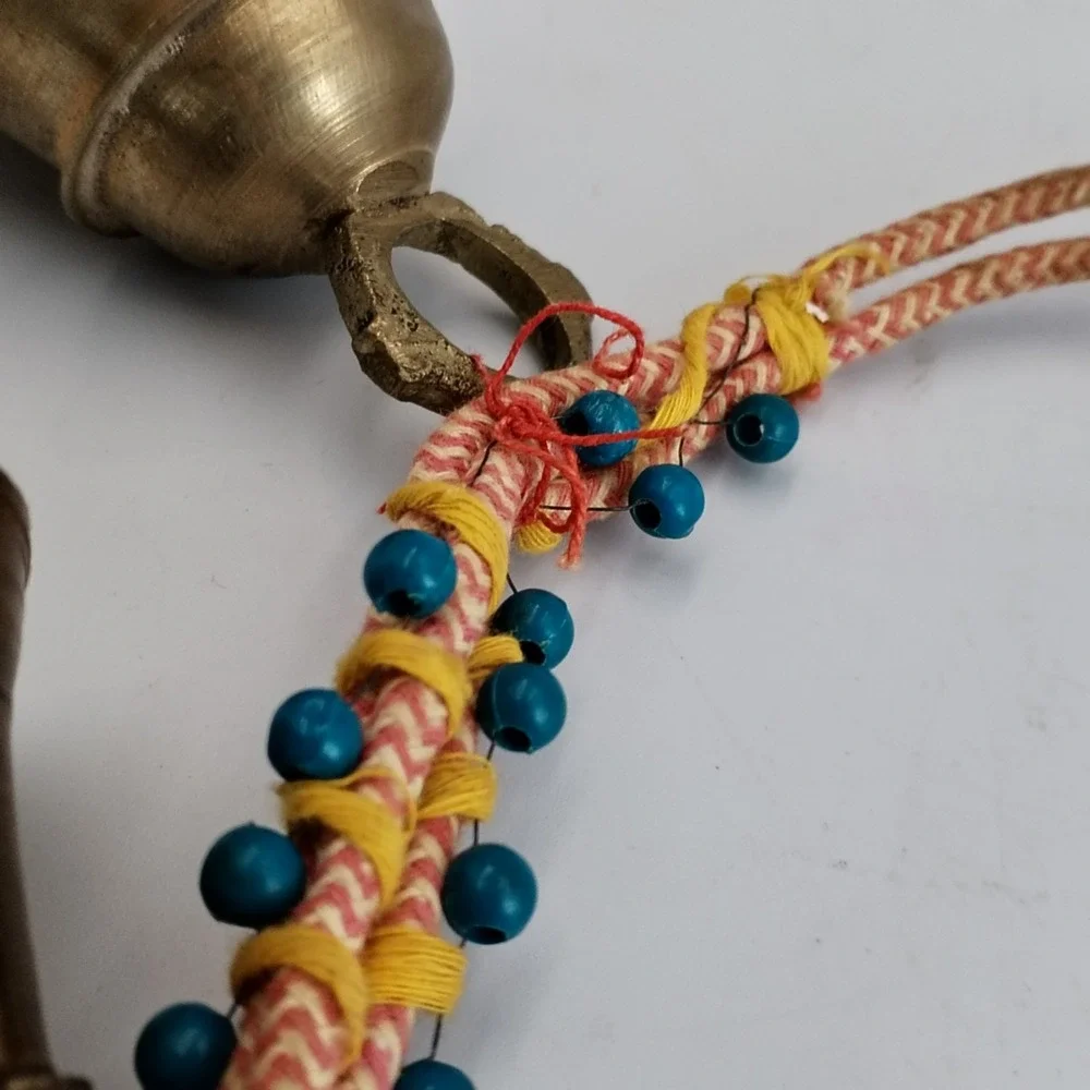 Vintage India Brass Bells on Rope String of 3 Beaded Door Hanger Boho Chime Vtg